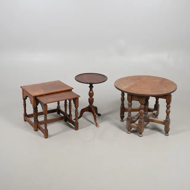 A SMALL OAK GATE LEG TABLE, AND TWO OTHERS.