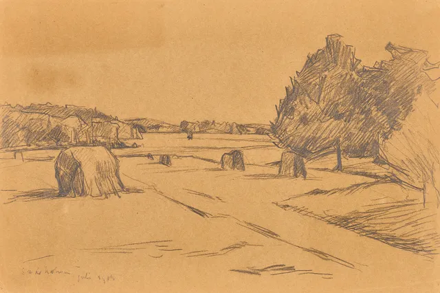 KARL NORDSTRÖM (Tjörn 1855-1923 Drottningholm). Vidsträckt sommarlandskap med hässjor, Skärmhomen, daterad 1914, kol på papper.