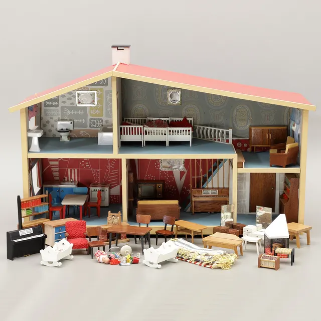 DOCKSKÅP MED MÖBLER OCH TILLBEHÖR, Lundby, 1960-tal.