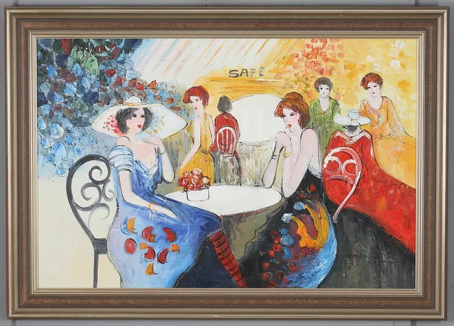 MARY VARLEY. Cafédamer, olja på duk, signerad.
