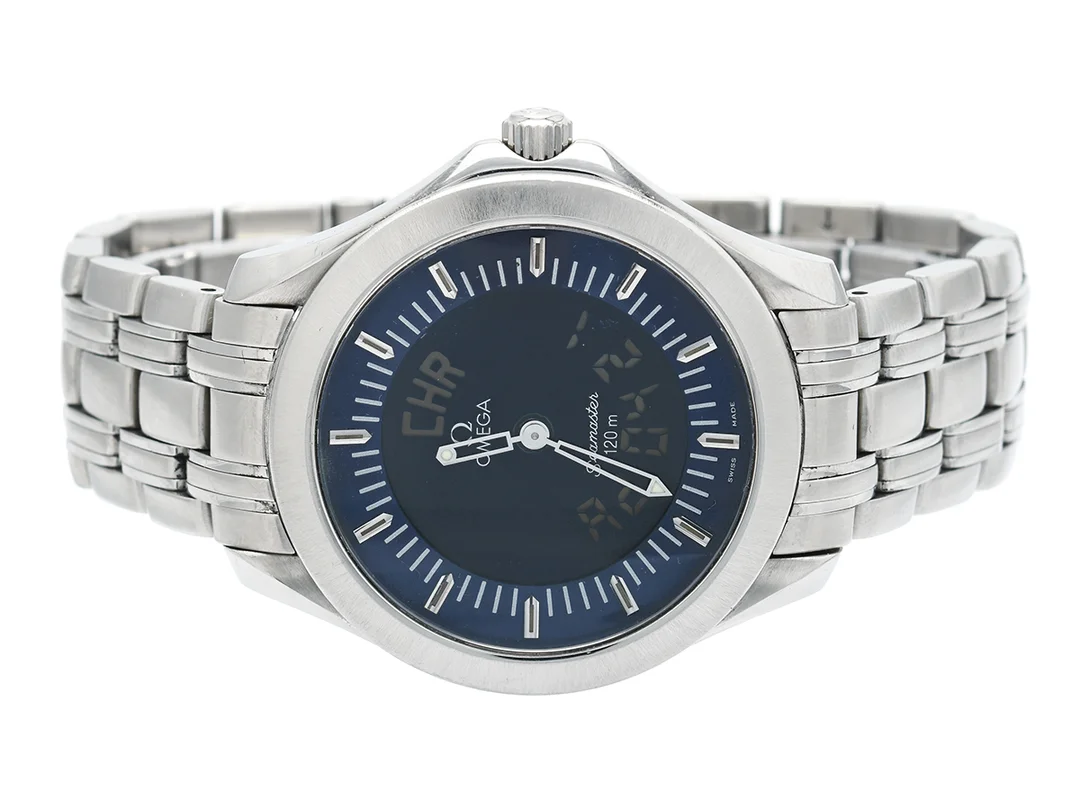 OMEGA, Seamaster, 120 m, Multifunction, Serie nr. 56530195, PIC nr. 2521.81.00, Ref nr. ST 386.1501, Boett nr. 186.1501/386.1501, herrur, 38,5 mm, analog/digital, stål, quartz, safirglas, skadad urtavla, ej signerat urverk, originallänk, viklås, Ref nr. 1501/823, ca 1998, box. — Klockor/Omega — Kaplans