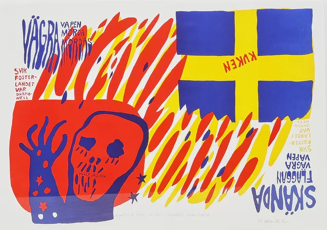 CARL JOHAN DE GEER. Färglitografi, "Skända flaggan", "Ingenting är längre som förut - dubbelbild i rekonstruktion". Signerad, färglitografi, numrerad EA.