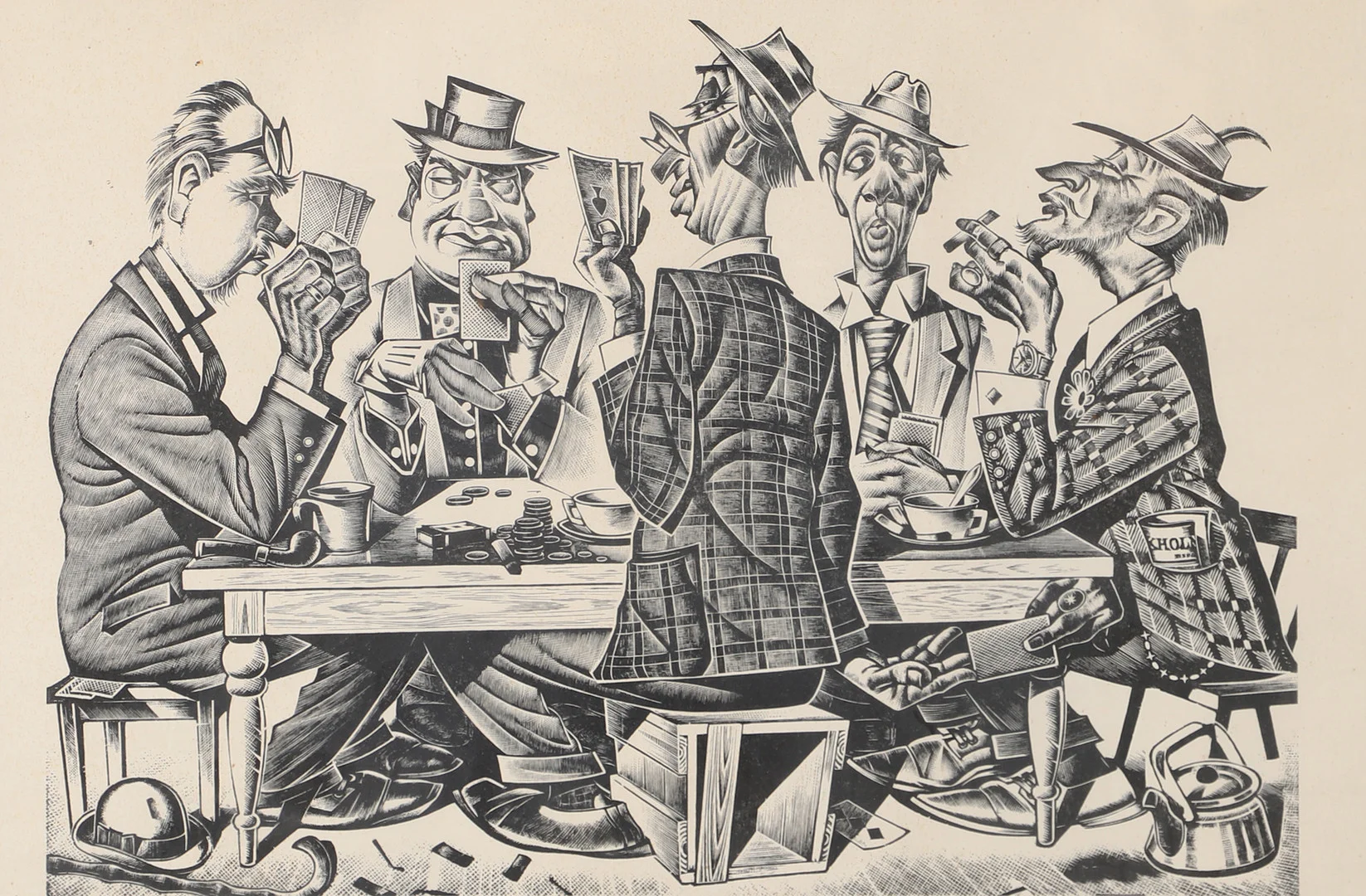 ALEKSANDER RISTMÄGI (ESTLAND 1912-1972). Kortspelsbordet, trägravyr, signerad A.Ristmägi. — Engravings & Prints — Helsingborgs Auktionskammare