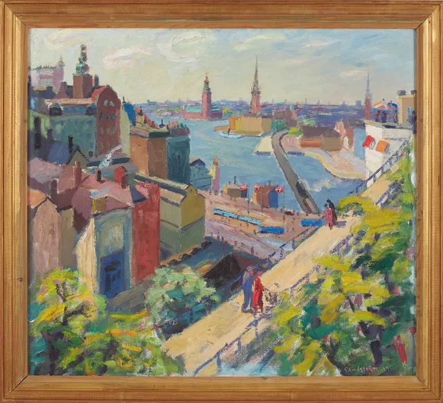 GEORG LINDSTRÖM. Stockholmsmotiv, olja på pannå, signerad G Lindström.