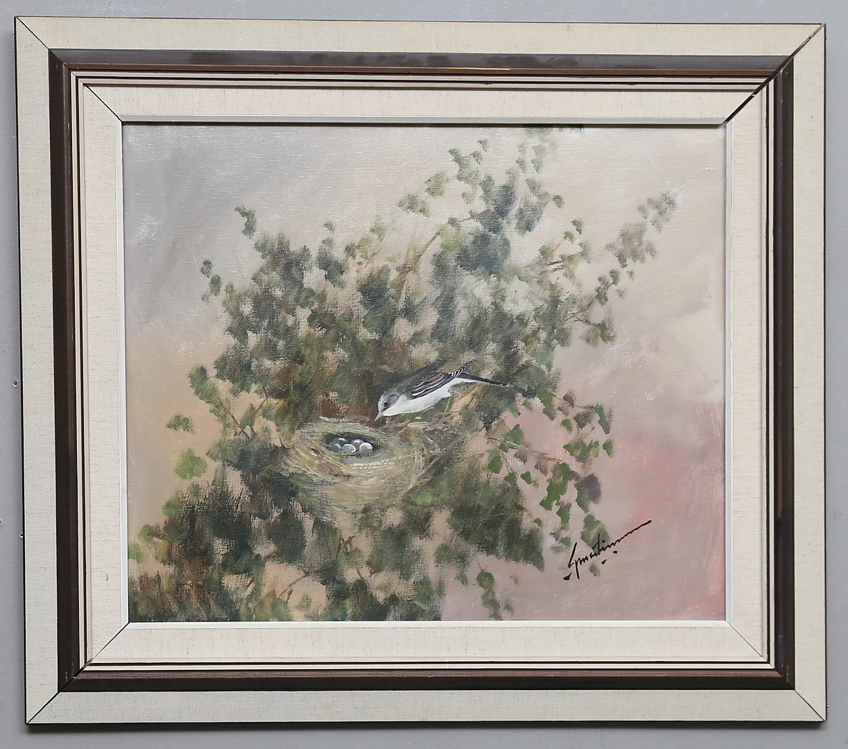 TORBJÖRN MARTINSSON. "Törnsångare vid boet". Olja på duk, signerad. — Paintings — Gomér & Andersson Linköping