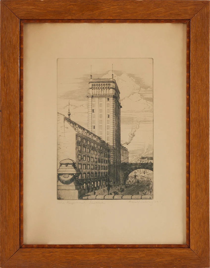 HARALD SALLBERG. "Södra Kungstornet, Stockholm". Etsning, signerad och daterad 1925. — Engravings & Prints — Stockholms Auktionsverk Magasin 5