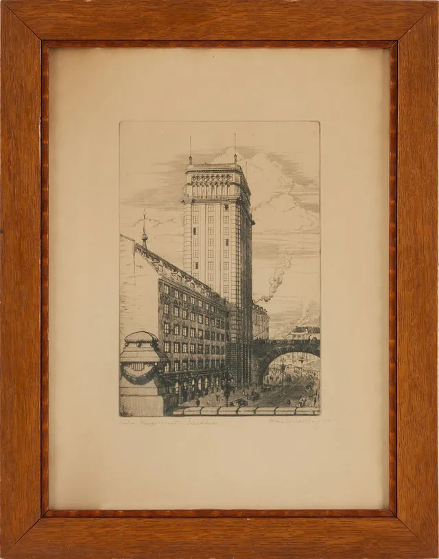 HARALD SALLBERG. "Södra Kungstornet, Stockholm". Etsning, signerad och daterad 1925.
