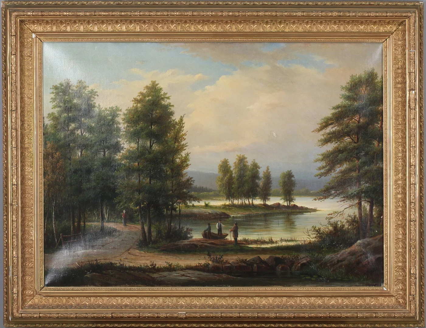 EHRNFRIED WAHLQVIST. Sommarlandskap vid insjö, olja på duk signerad och daterad 1882. — Paintings — Stadsauktion Sundsvall