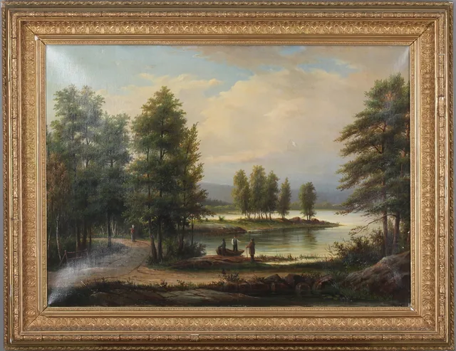 EHRNFRIED WAHLQVIST. Sommarlandskap vid insjö, olja på duk signerad och daterad 1882.