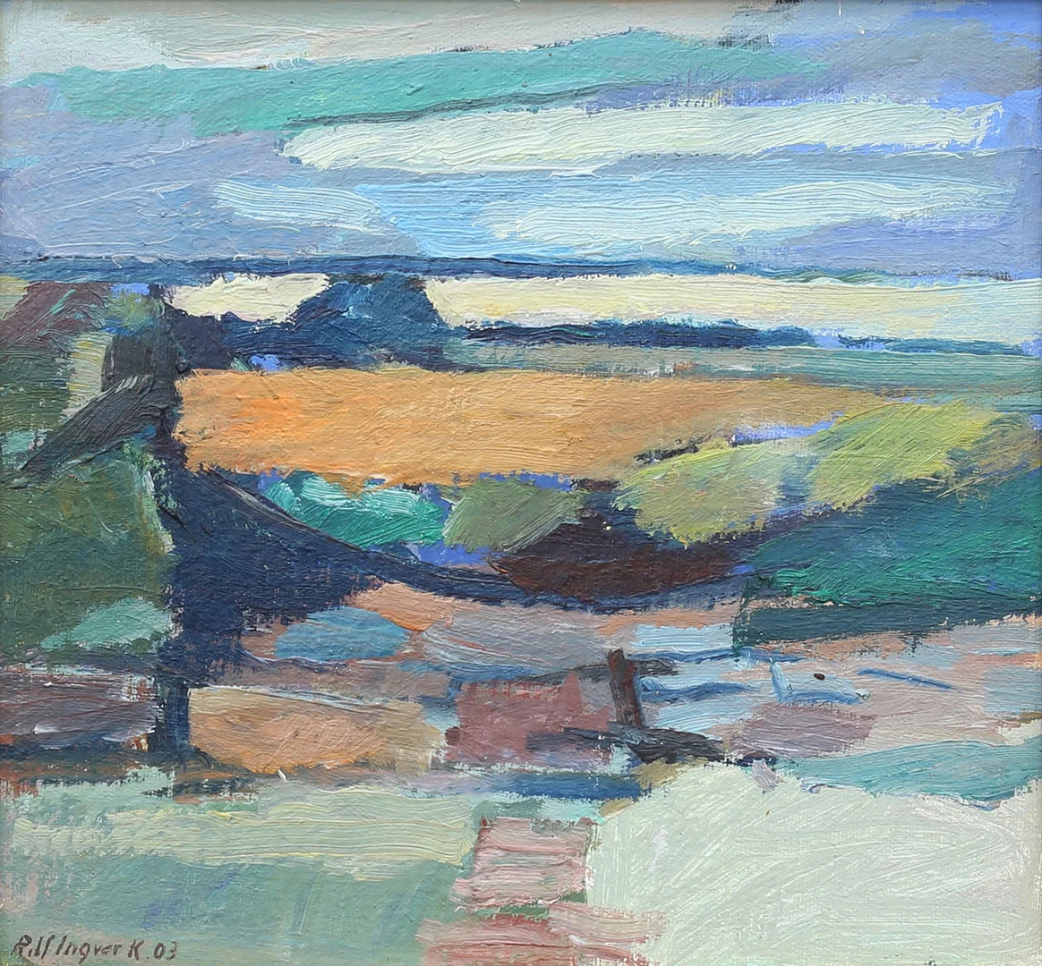 ROLF INGVAR KARLSSON. Komposition, olja på pannå, signerad, daterad -03. — Paintings — Auktionshuset Thelin & Johansson