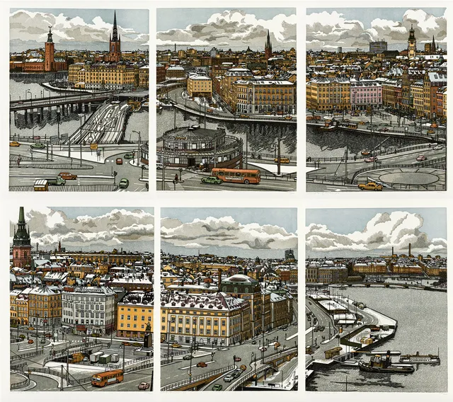 SVENOLOV EHRÉN. Slussen - Stockholm, 6 delar - panorama, signerad och daterad 80, numrerade 329/360, litografier.