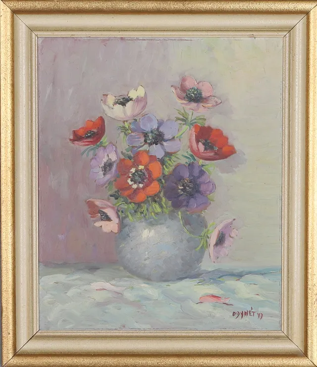 OLOF DYNÉT. olja på pannå, signerad "O DYNÈT 43", blommor i vas.