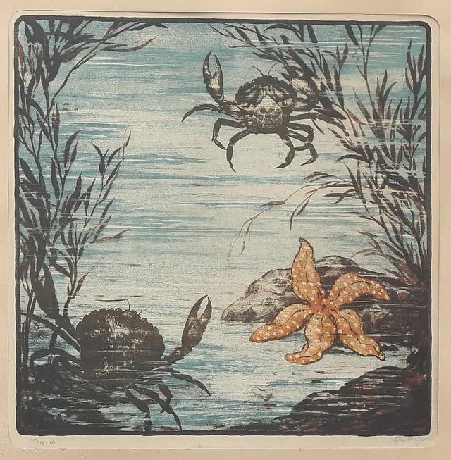 GABRIEL BURMEISTER. Krabbor och sjöstjärna. Färgetsning, signerad och numrerad 24/100.