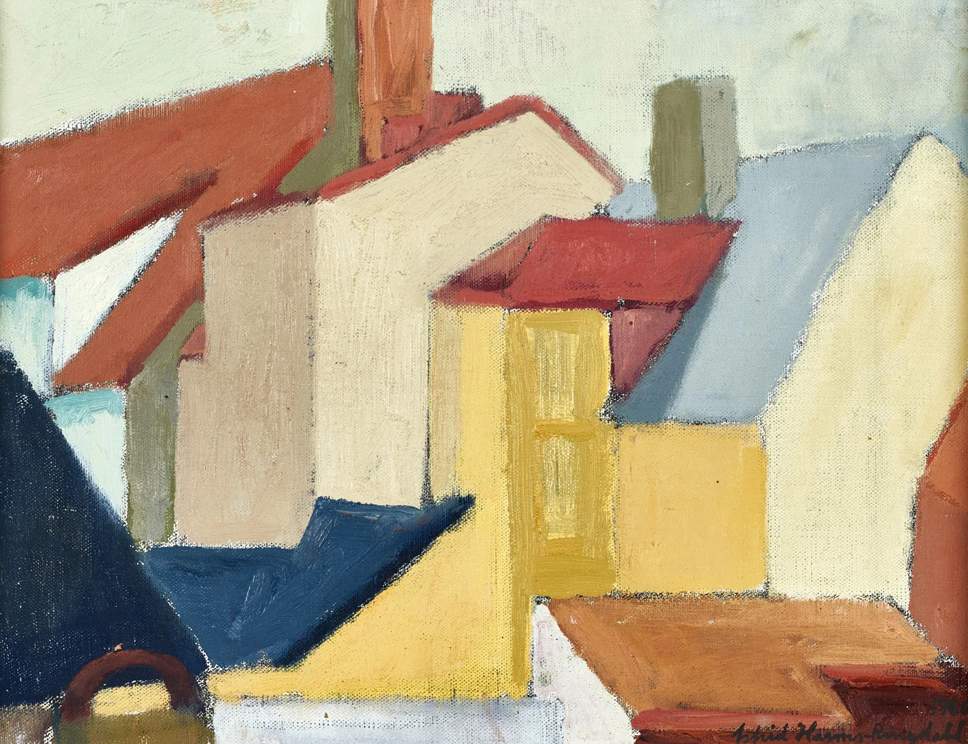 ASTRID HARMS-RINGDAHL (Sverige, 1912-1984) Husgavlar, signerad och daterad Astrid Harms-Ringdahl 1950, olja på duk. — Paintings — Crafoord Auktioner Stockholm