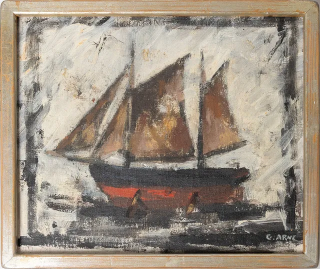 GUSTAV ARNE. "Skutan Ingeborg, 1998 Höganäs", olja på pannå, signerad.