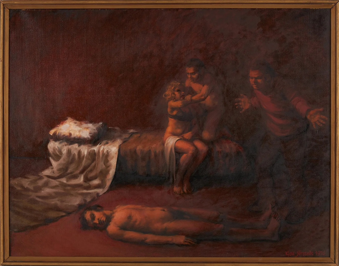 KJELL JÖRSTEDT (1943-2022). Figurkomposition, olja på duk, signerad och daterad 1976. — Paintings — Stockholms Auktionsverk Sickla