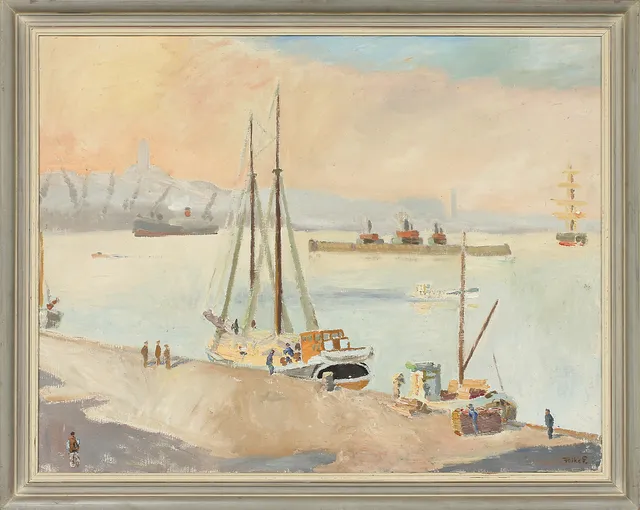 FOLKE PERSSON. Göteborgs hamn. Olja på duk. Signerad.