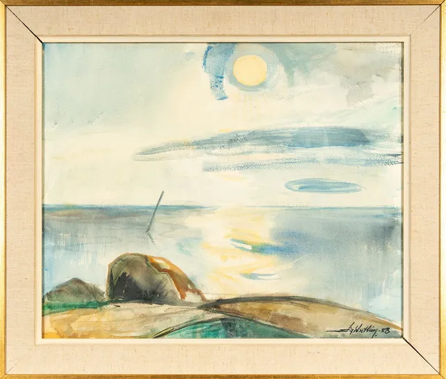 STIG WRETLING. Akvarell på papper "Månsken" Signerad & daterad: 1958.