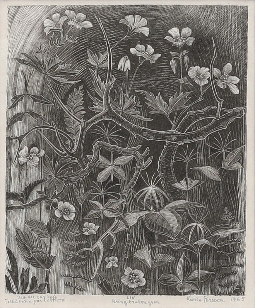KARIN PERSSON (1891-1971). Blommor, träsnitt, signerad och daterad 1965. — Engravings & Prints — Garpenhus Auktioner