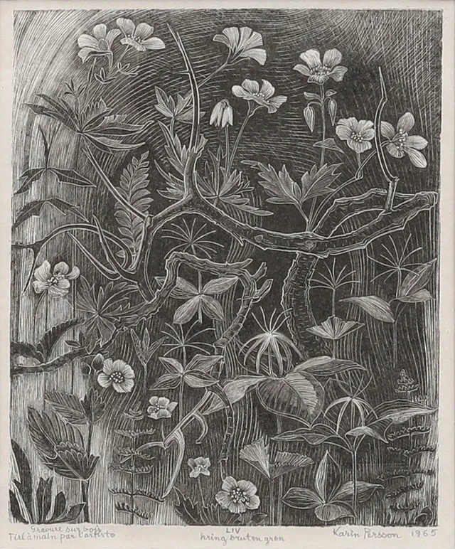 KARIN PERSSON (1891-1971). Blommor, träsnitt, signerad och daterad 1965.