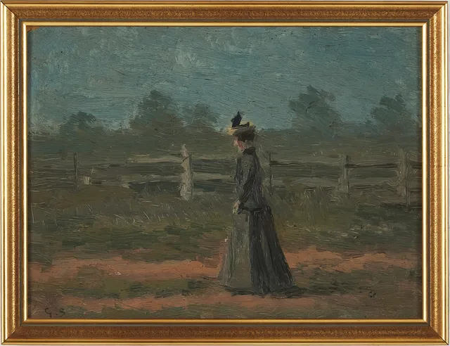 GEORG STOOPENDAAL. Kvinna på åker, olja på pannå, monogramsignerad.