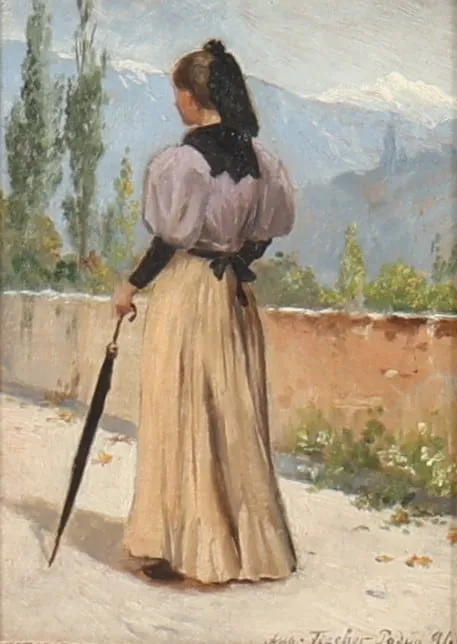 August Fischer: Young woman on a walk in the Italian countryside -1896.