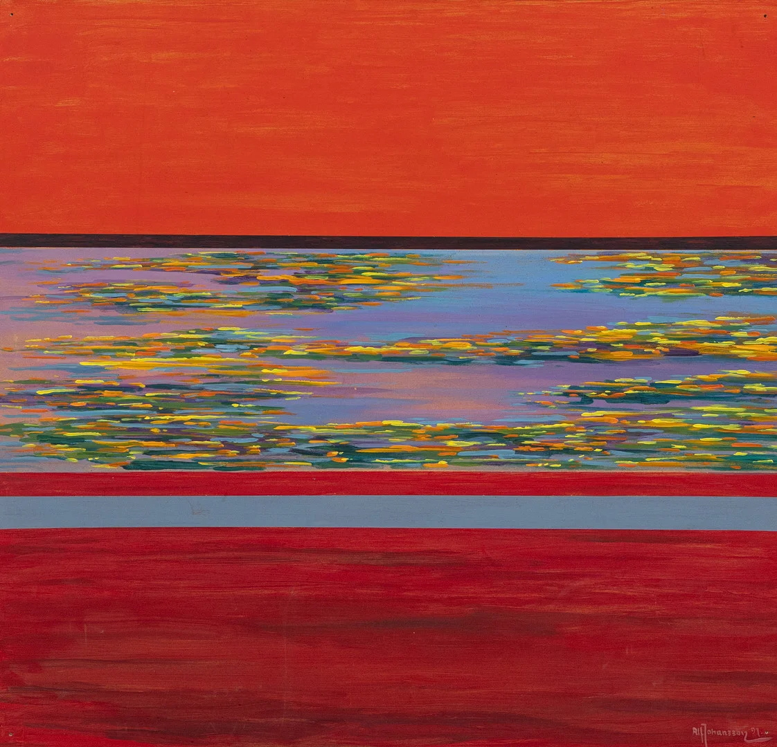 ALF JOHANSSON. Abstrakt motiv, olja på masonit, signerad och daterad -91. — Paintings — Garpenhus Auktioner