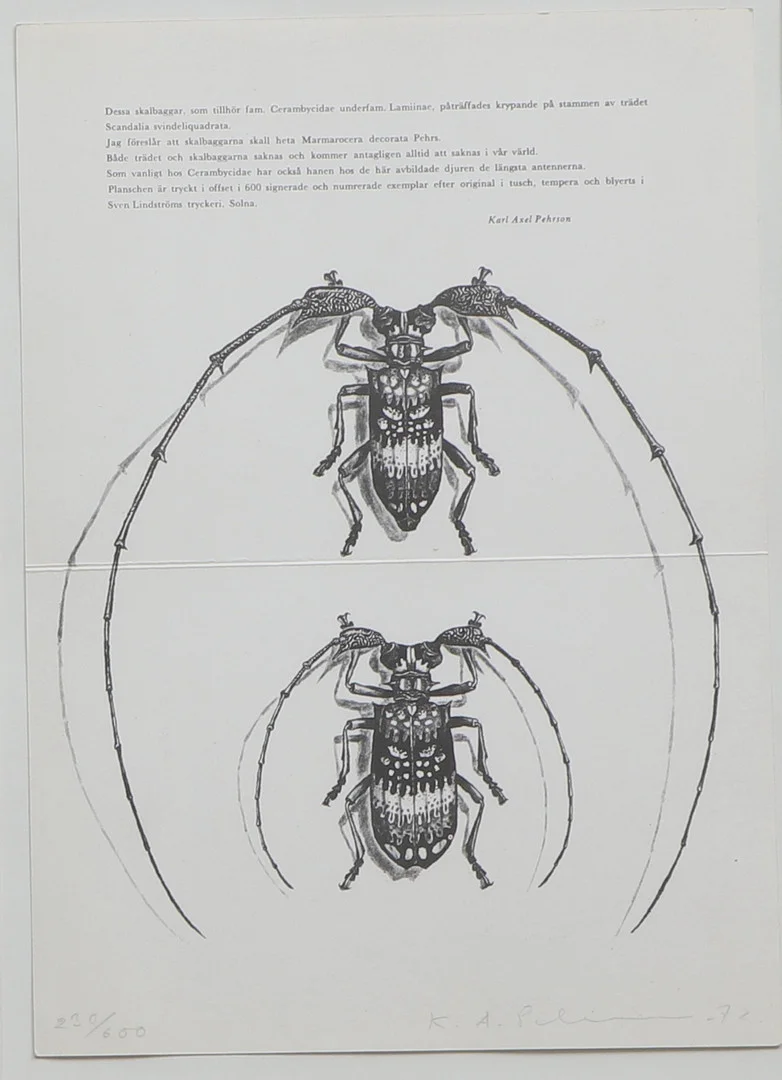 KARL AXEL PEHRSON. Grafiskt blad, skalbaggar, signerat och daterat 72, numrerat 230/600. — Engravings & Prints — Ekenbergs Auktioner