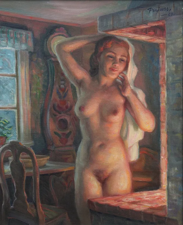 PER HILDING PERJONS. olja på duk, modell framför brasa, daterad 67.