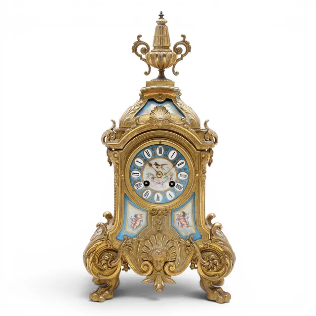 Napoleon III mantel clock in gilt bronze and Sèvres-style "bleu céleste" porcelain, late 19th century.