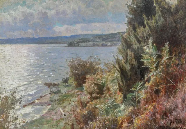 Scenery from the lakes near Silkeborg. Signed and dated P. Mønsted, Tulstrup 1934. Oil on canvas. 35.5 × 50.5 cm.