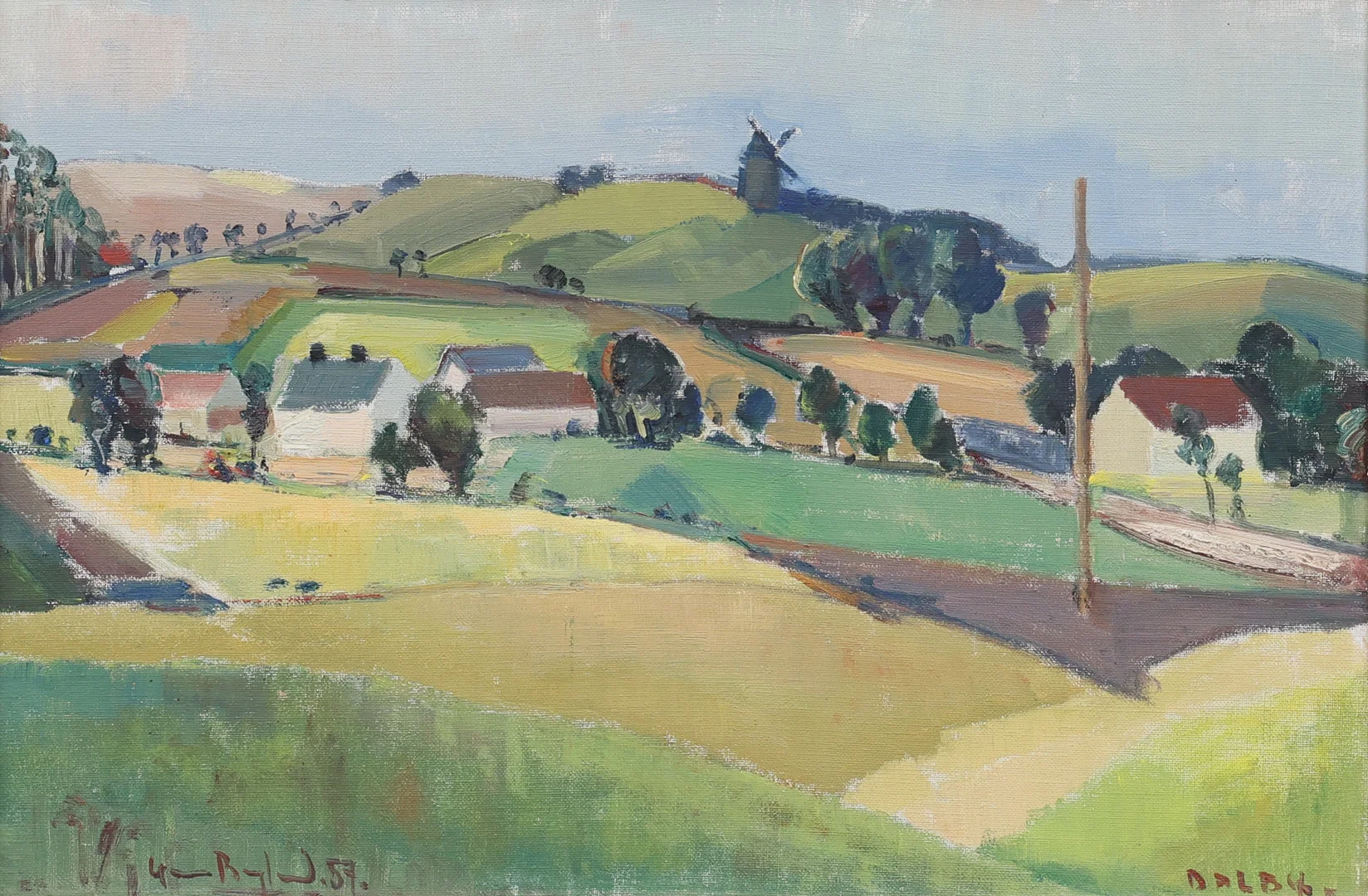 GUNNAR BERGLUND. "Dalby", olja på pannå, signerad och daterad -57. — Paintings — Garpenhus Auktioner