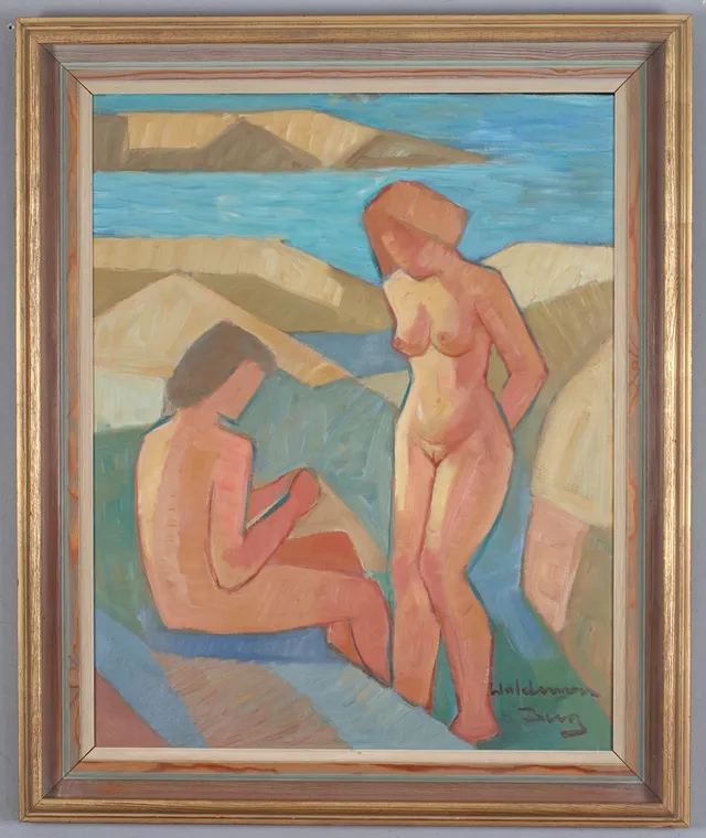 WALDEMAR BERG. Badande kvinnor, olja på pannå, signerad.