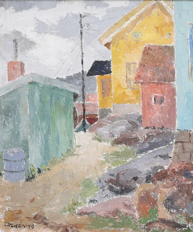 GRETA TURÉN 1901-1979. OLJA PÅ PANNÅ, GATUMILJÖ, SIGNERAD OCH DATERAD 1947.