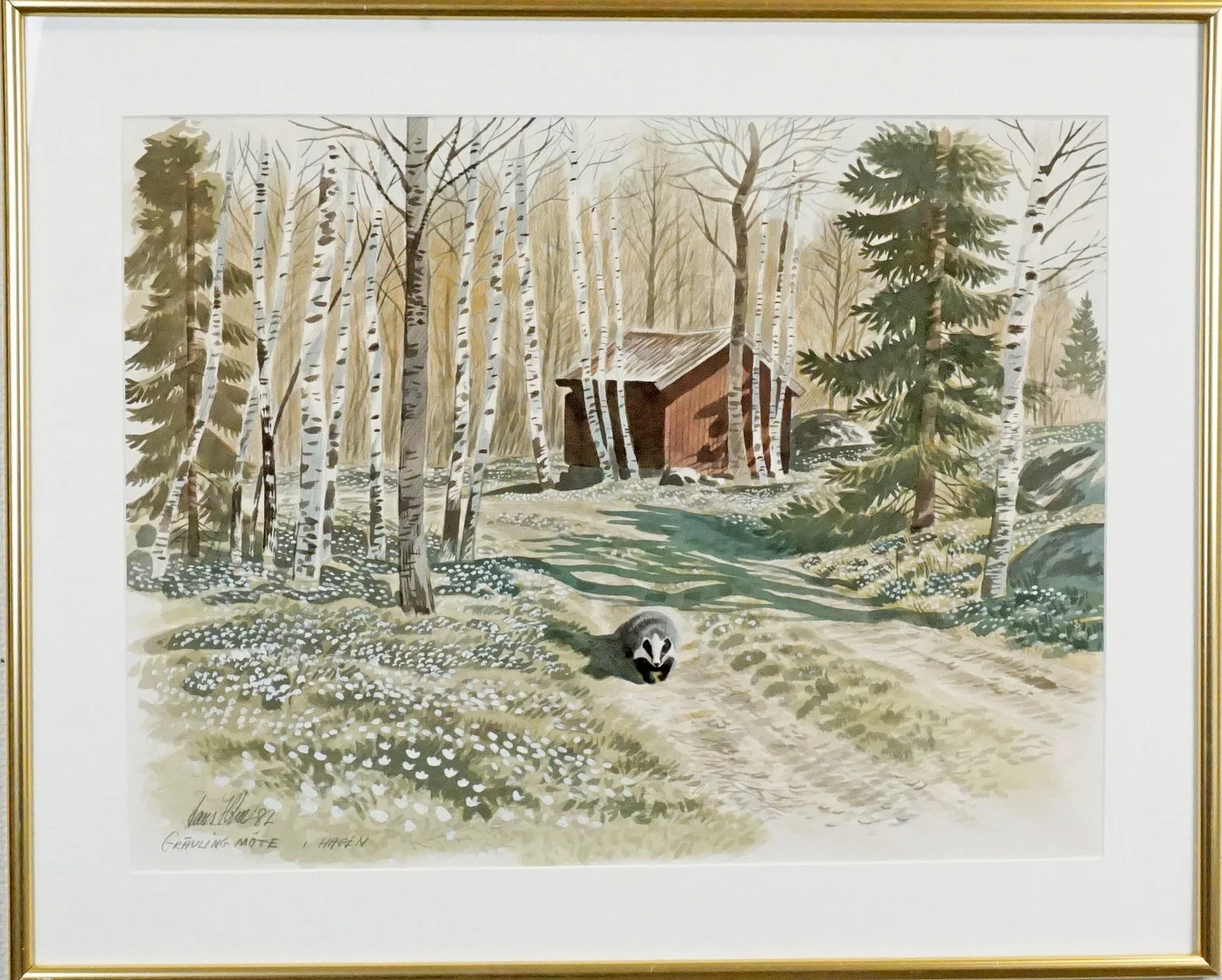 LARS HOLM (f. 1956), akvarell, "Grävling möte i hagen", signerad samt daterad 82. — Paintings — Roslagens Auktionsverk