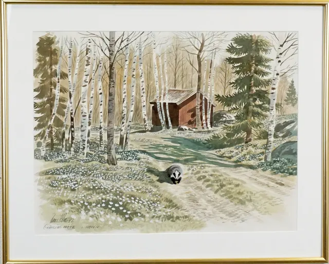 LARS HOLM (f. 1956), akvarell, "Grävling möte i hagen", signerad samt daterad 82.