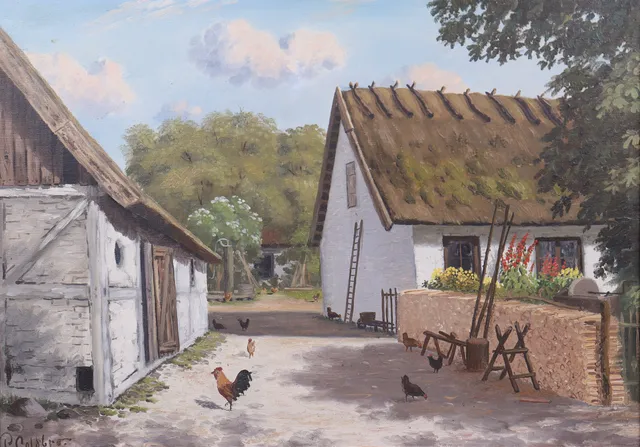 OIDENTIFIERAD KONSTNÄR. olja på duk, skånegård med höns.