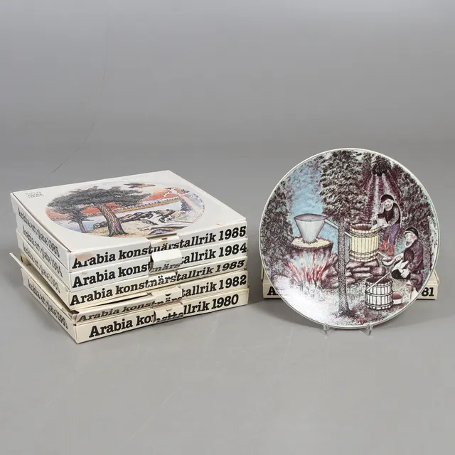 SAMLARTALLRIKAR, 6 st, porslin, "konsttallrikar", Andreas Alariesto, Arabia, Finland.