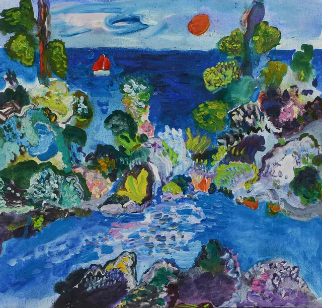 ANDERS FOGELIN. "Söderhavet", olja på pannå, signerad.