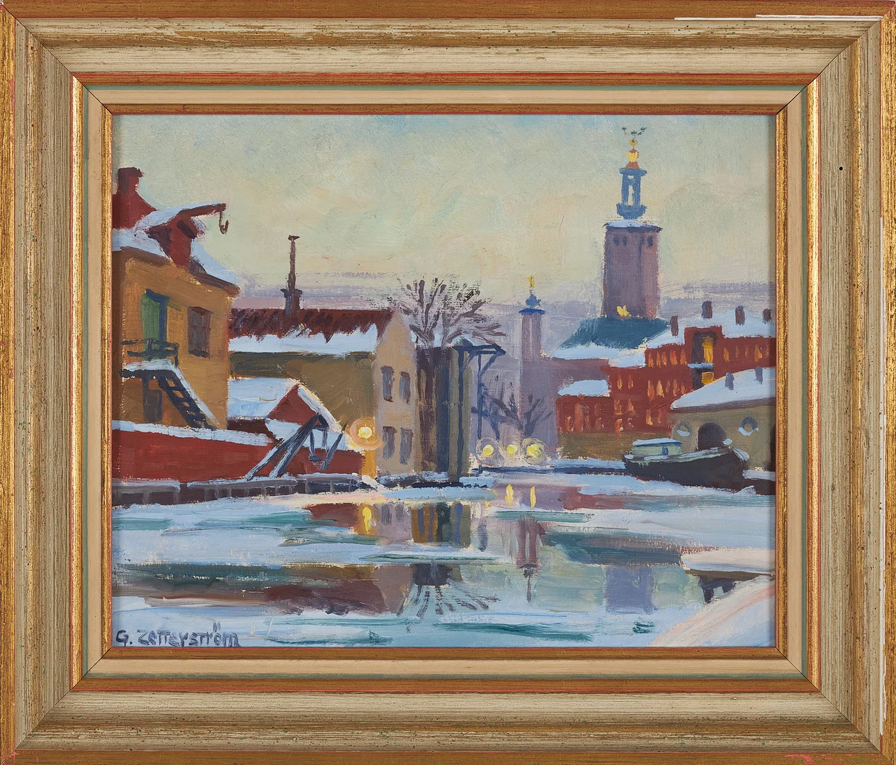 GUNNAR ZETTERSTRÖM. Stockholm med stadshuset, olja på pannå, signerad. — Paintings — Stockholms Auktionsverk Sickla
