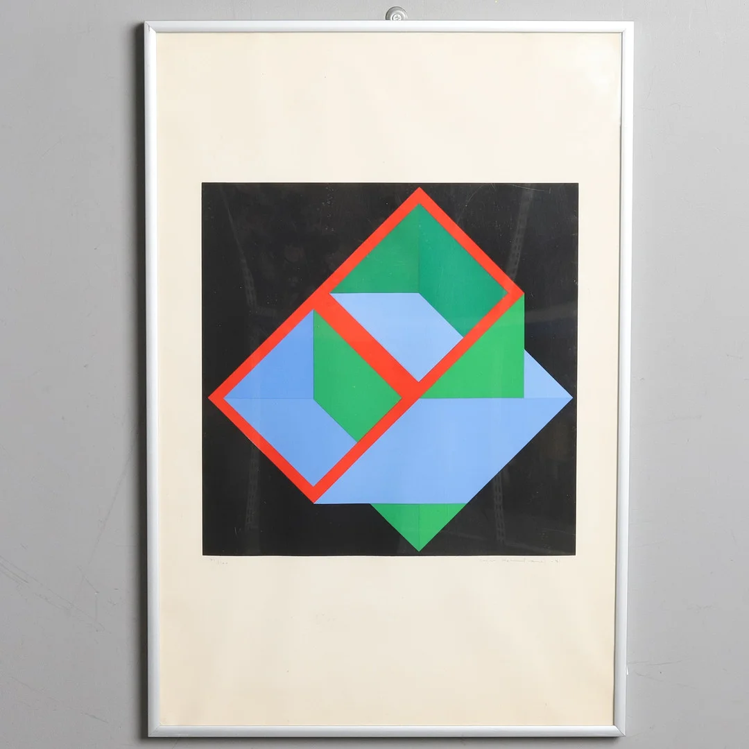 CAJSA HOLMSTRAND. Färgserigrafi, No. 71/100, Geometrisk komposition, signerad & daterad -81. — Engravings & Prints — Örebro Stadsauktioner