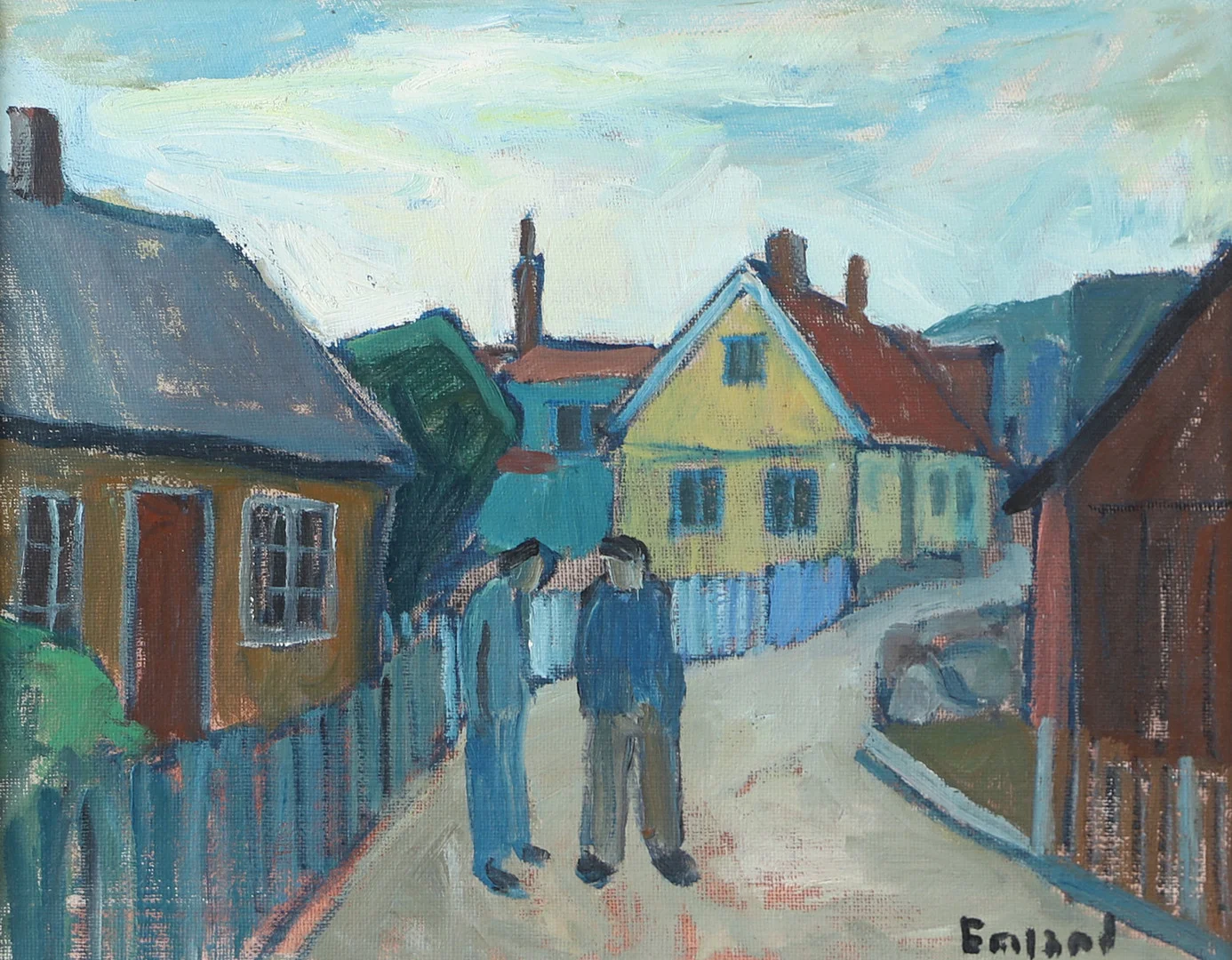 EINAR EMLAND. Bygata med figurer, olja på duk, signerad Emland. — Paintings — Helsingborgs Auktionskammare