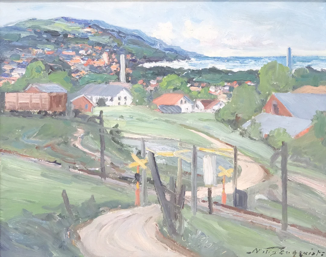 NILS ENGQUIST. OLJA PÅ DUK. LANDSKAPSMOTIV FRÅN BÅSTAD. — Paintings — Björnssons Auktionskammare