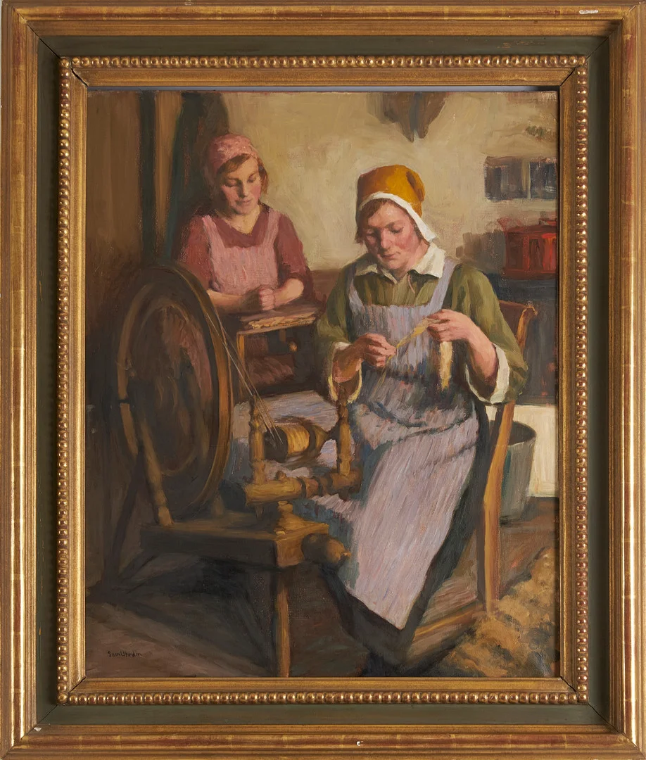 SAM UHRDIN. Vid spinnrocken, olja på duk, signerad. — Paintings — Stockholms Auktionsverk Magasin 5