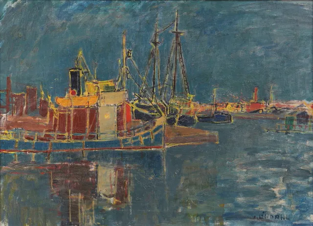 STEN LINDAHL. Brädholmen med S/S Nalle, Oskarshamn. Olja på duk, signerad.