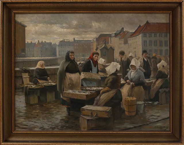SÖREN BJULF. Fiskmarknad Köpenhamn, olja på duk, signerad.