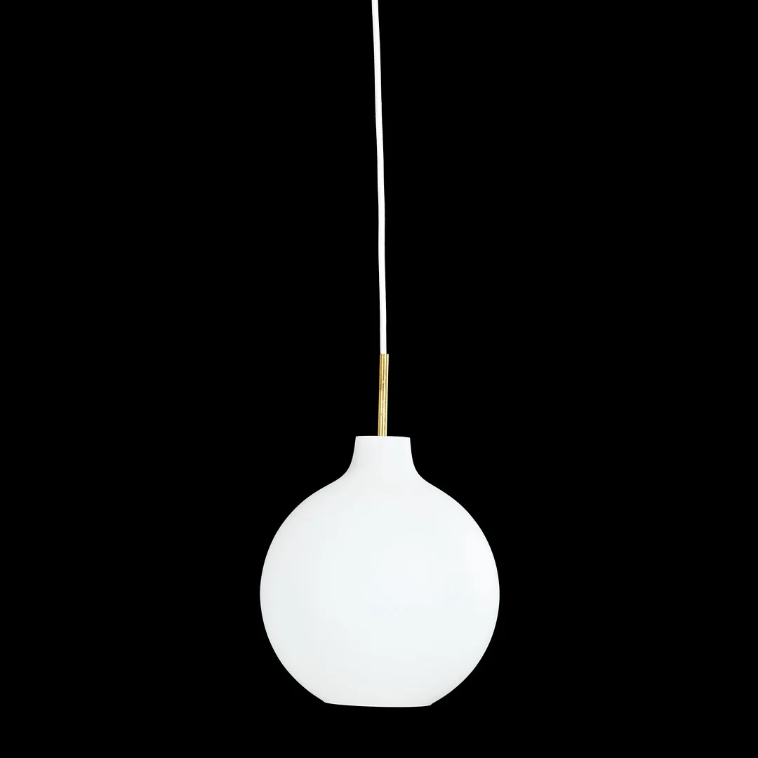 VILHELM WOHLERT. "Satellit", takpendel, Louis Poulsen, Danmark, kupa i vittunderfångsglas frostat överfång, textilklädd kabel. — Ceiling lights — Stockholms Auktionsverk Sickla