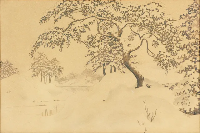 OSKAR BERGMAN (1879-1963), "No 3, Tallar med snö", signerad och daterad OSKAR BERGMAN 1909, blyerts.