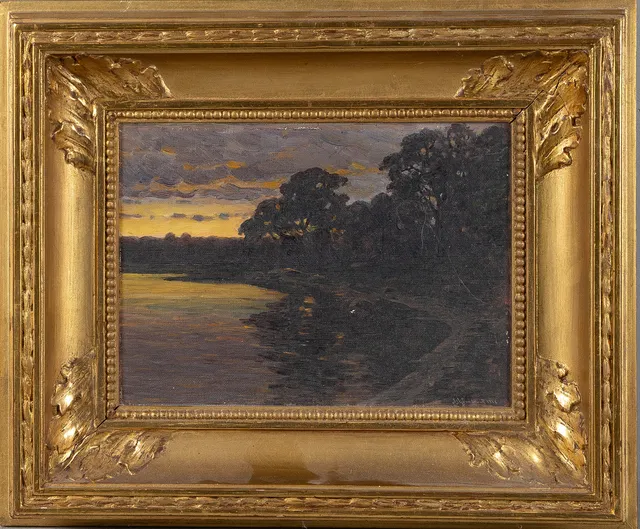 AXEL HJALMAR LINDQVIST (1843-1917). Insjölandskap i solnedgång, olja på papp.