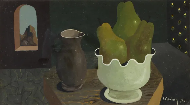 ERIC CEDERBERG. Tempera. Stilleben med vas samt skål med päron på bord. Signerad och daterad 1968.